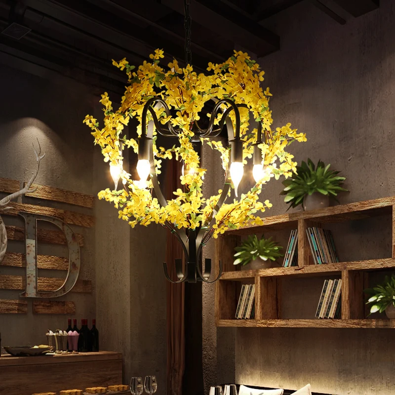 5-kops ijzeren hangende kroonluchter traditionele zwarte bloemenmand restaurant ophangplafondlamp Clearhalo