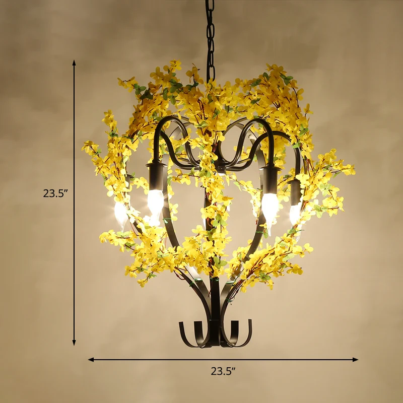 5-kops ijzeren hangende kroonluchter traditionele zwarte bloemenmand restaurant ophangplafondlamp Clearhalo
