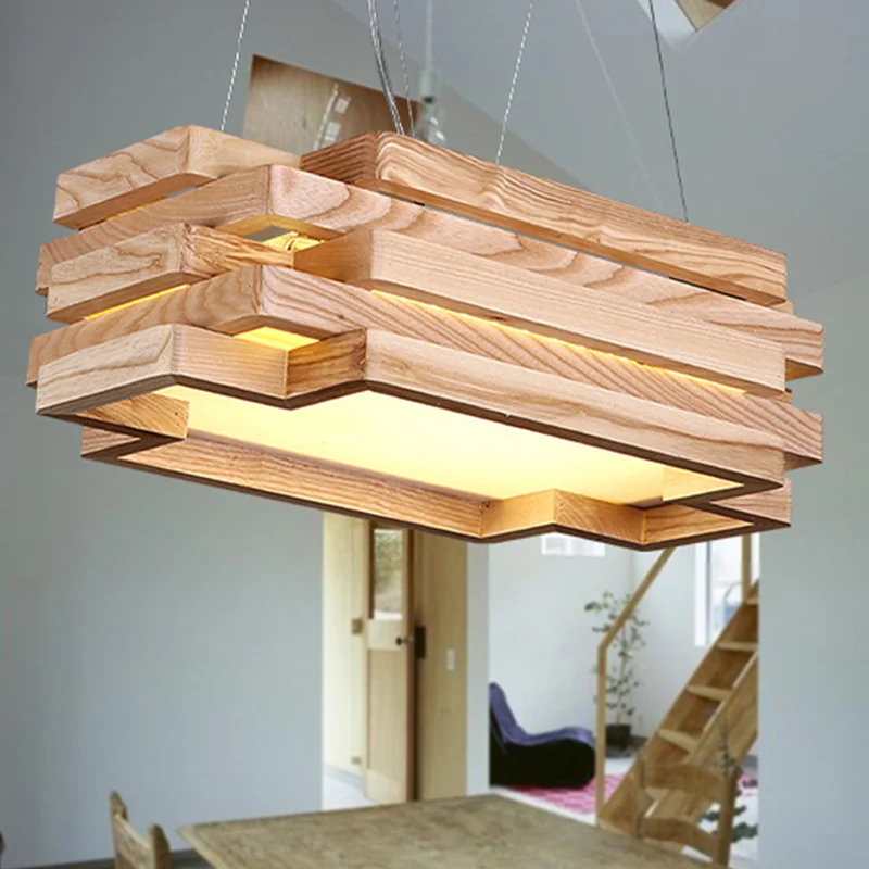 5-laags rechthoekige hanglamp van hout Scandinavische stijlvolle LED-hanglamp beige voor theestation Clearhalo
