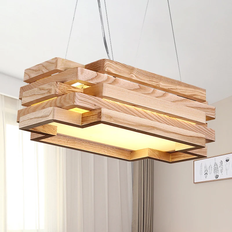 5-laags rechthoekige hanglamp van hout Scandinavische stijlvolle LED-hanglamp beige voor theestation Clearhalo