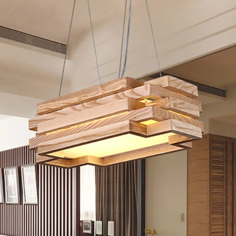 5-laags rechthoekige hanglamp van hout Scandinavische stijlvolle LED-hanglamp beige voor theestation Clearhalo
