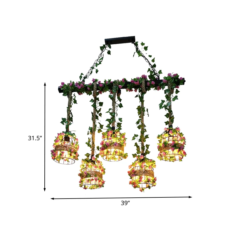 5-lampen Rope Island-lichtarmatuur Farm Birdcage Metallic lineaire hanger zwart met rozenrank Clearhalo