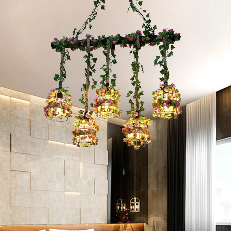5-lampen Rope Island-lichtarmatuur Farm Birdcage Metallic lineaire hanger zwart met rozenrank Clearhalo