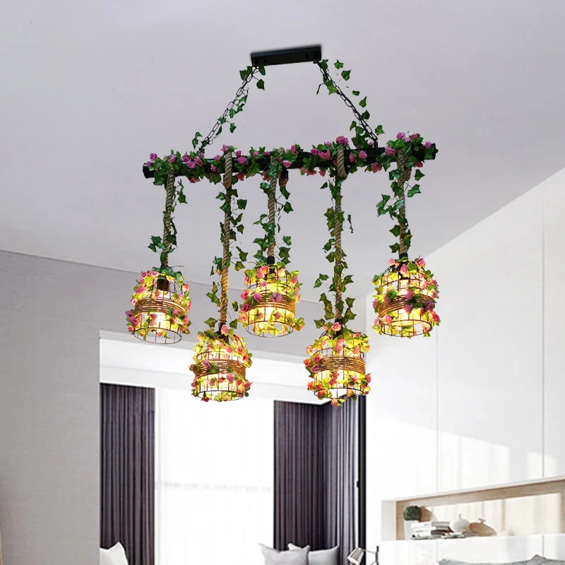 5-lampen Rope Island-lichtarmatuur Farm Birdcage Metallic lineaire hanger zwart met rozenrank Clearhalo