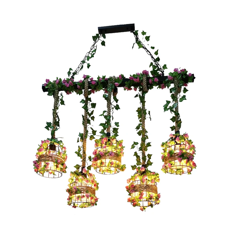 5-lampen Rope Island-lichtarmatuur Farm Birdcage Metallic lineaire hanger zwart met rozenrank Clearhalo