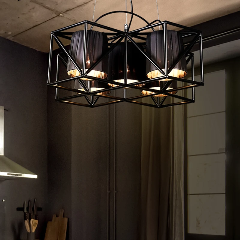 5-lamps stoffen hanglamp industriële zwarte cilinder keukenkroonluchterverlichting Clearhalo