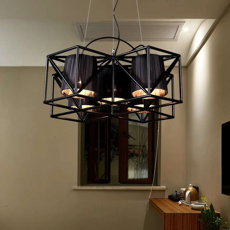 5-lamps stoffen hanglamp industriële zwarte cilinder keukenkroonluchterverlichting Clearhalo