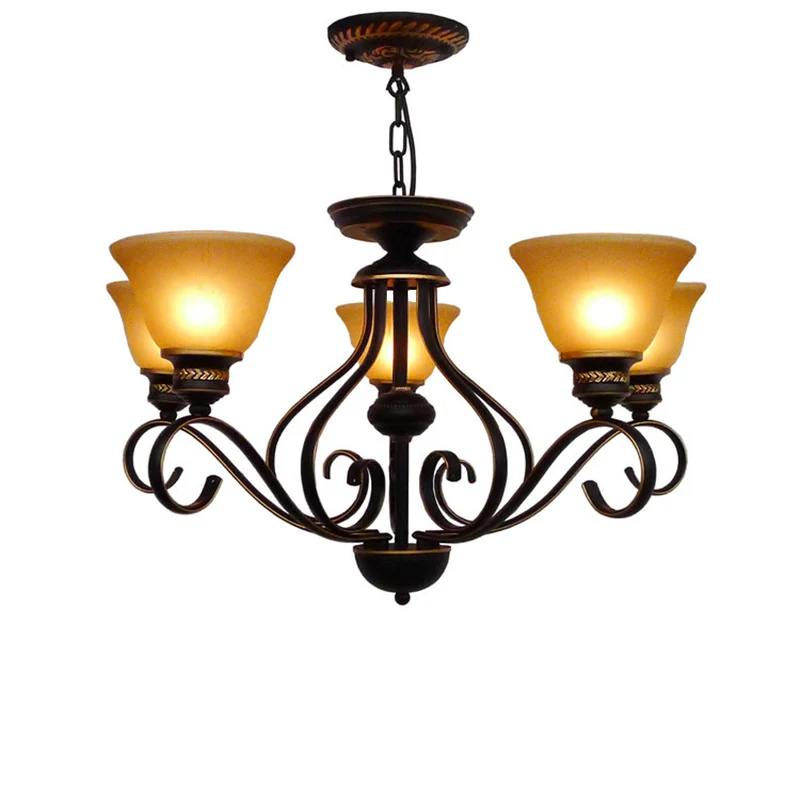 5-lichts beige matglazen hangende kroonluchter, traditionele zwarte belgang hanglamp Clearhalo