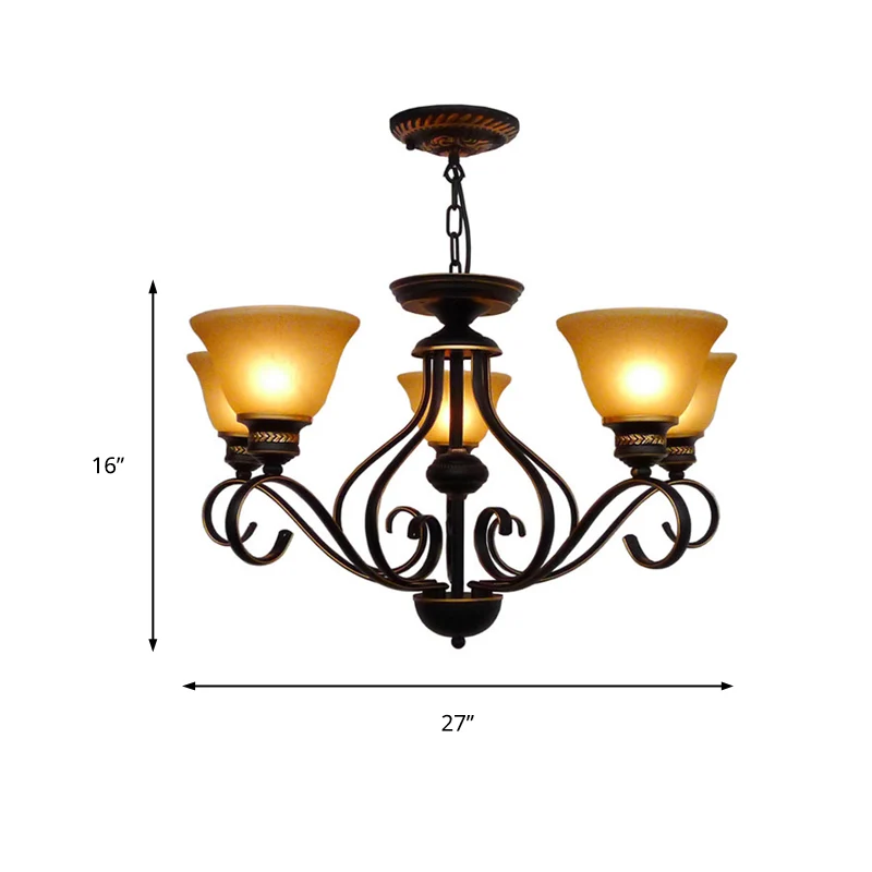 5-lichts beige matglazen hangende kroonluchter, traditionele zwarte belgang hanglamp Clearhalo