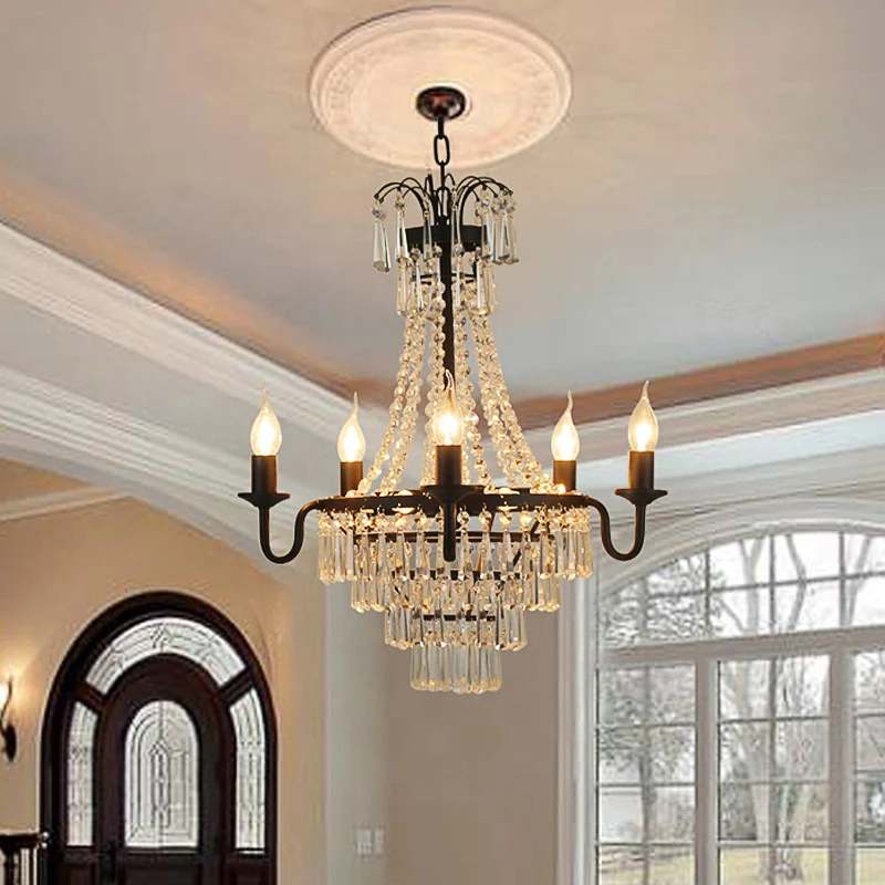5-lichts Crystal Empire kroonluchter licht land zwart blootgestelde lamp woonkamer hanglamp Clearhalo