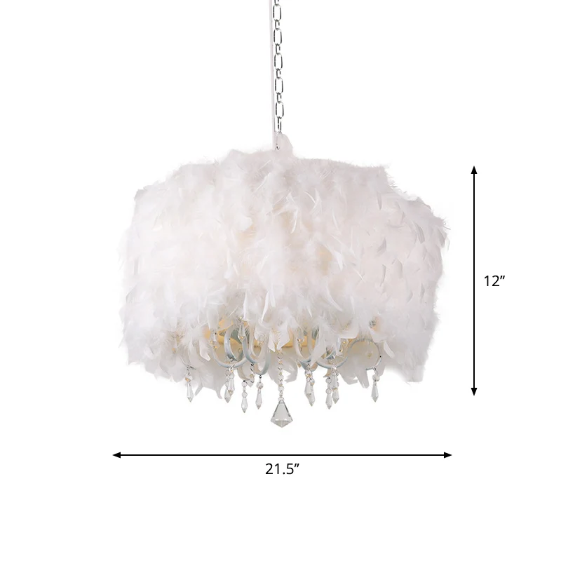 5-lichts eetkamerkroonluchter Scandinavische witte hangende hanger met trommelverenkap en druppelvormig kristal Clearhalo