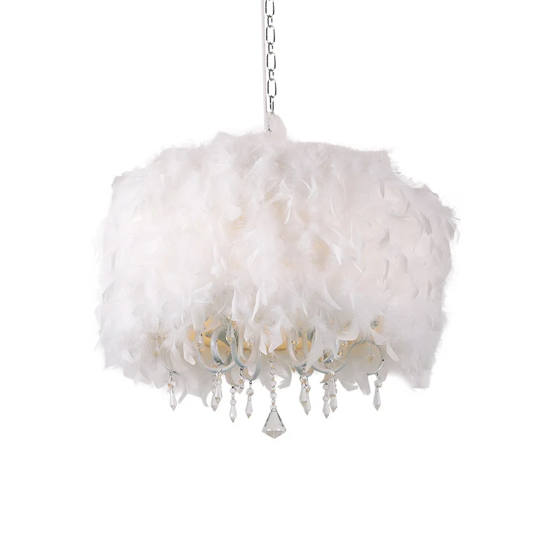 5-lichts eetkamerkroonluchter Scandinavische witte hangende hanger met trommelverenkap en druppelvormig kristal Clearhalo