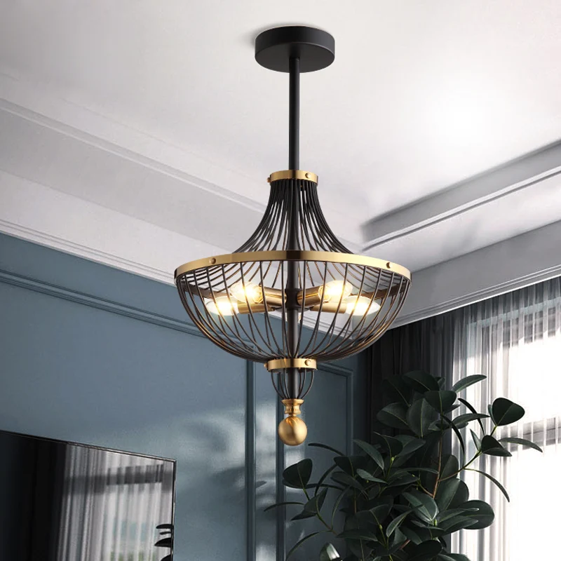 5-lichts ijzeren plafondkroonluchter vintage zwarte afwerking mand kooi eetkamer hangende lichtset Clearhalo