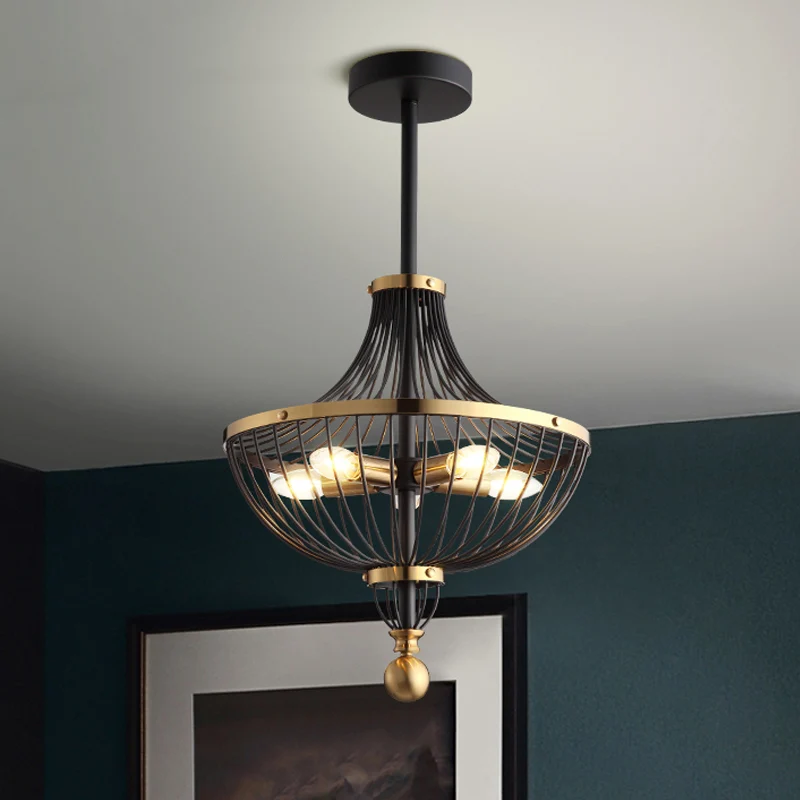 5-lichts ijzeren plafondkroonluchter vintage zwarte afwerking mand kooi eetkamer hangende lichtset Clearhalo