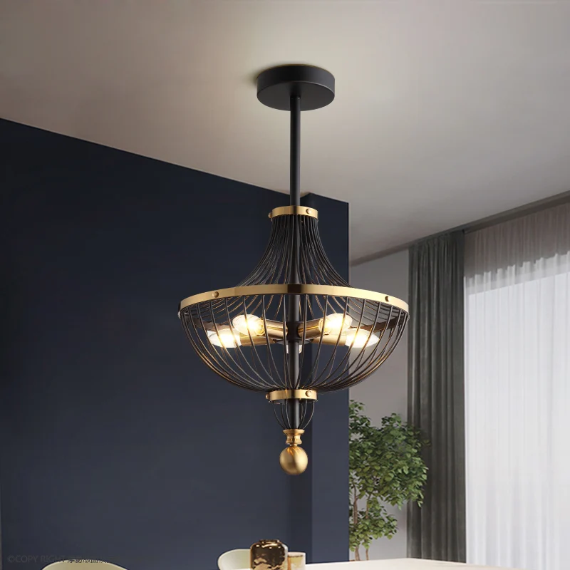 5-lichts ijzeren plafondkroonluchter vintage zwarte afwerking mand kooi eetkamer hangende lichtset Clearhalo