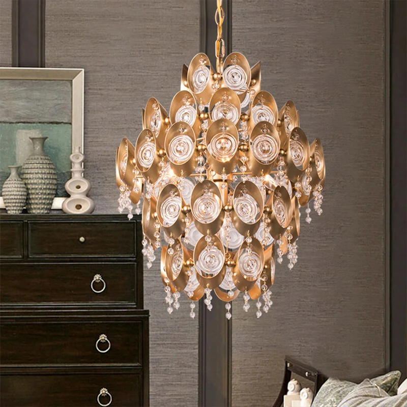 5-lichts kroonluchter Traditionele ronde kristallen hangende hanglamp goud Clearhalo