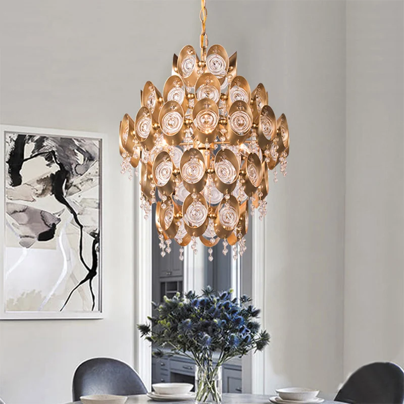 5-lichts kroonluchter Traditionele ronde kristallen hangende hanglamp goud Clearhalo