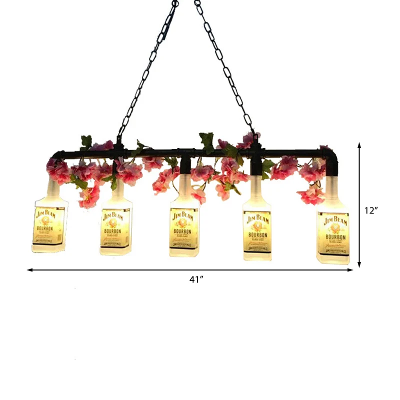 5-lichts metalen hangende hanglamp vintage stijl gele fles schaduw restaurant eilandverlichting met pijp Clearhalo