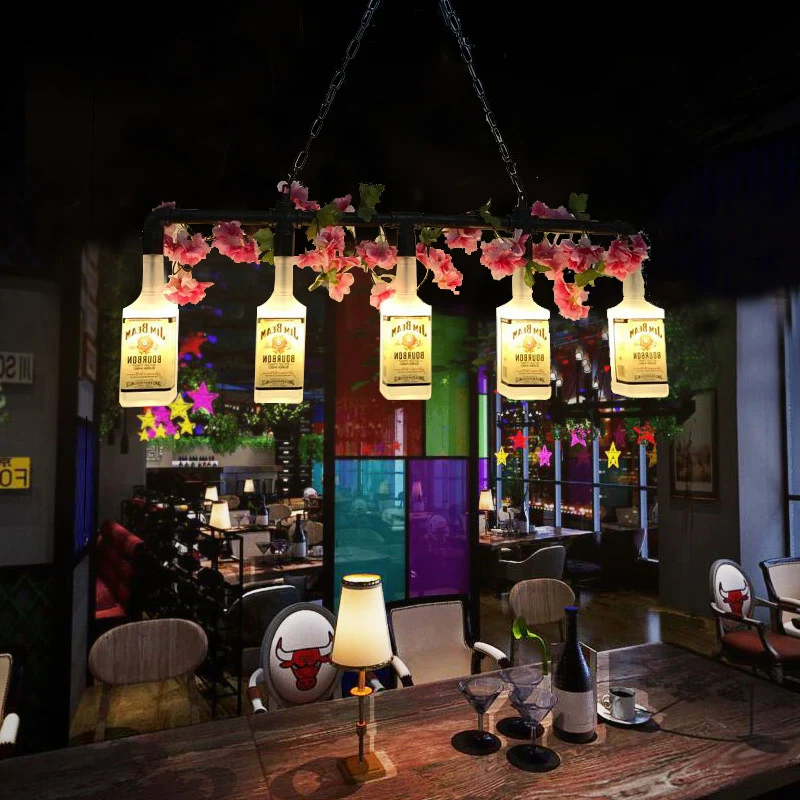 5-lichts metalen hangende hanglamp vintage stijl gele fles schaduw restaurant eilandverlichting met pijp Clearhalo