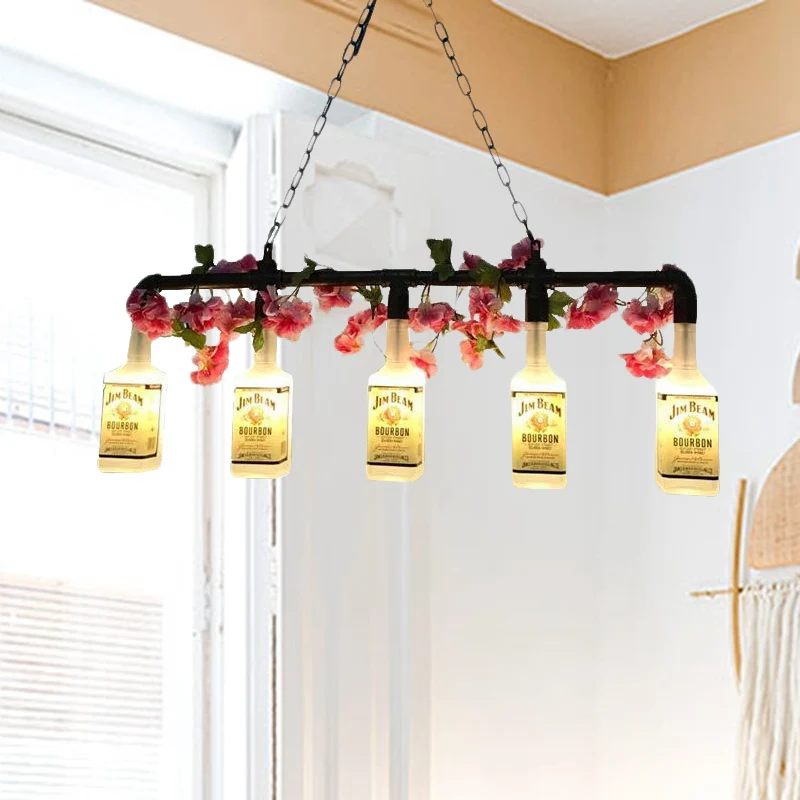 5-lichts metalen hangende hanglamp vintage stijl gele fles schaduw restaurant eilandverlichting met pijp Clearhalo
