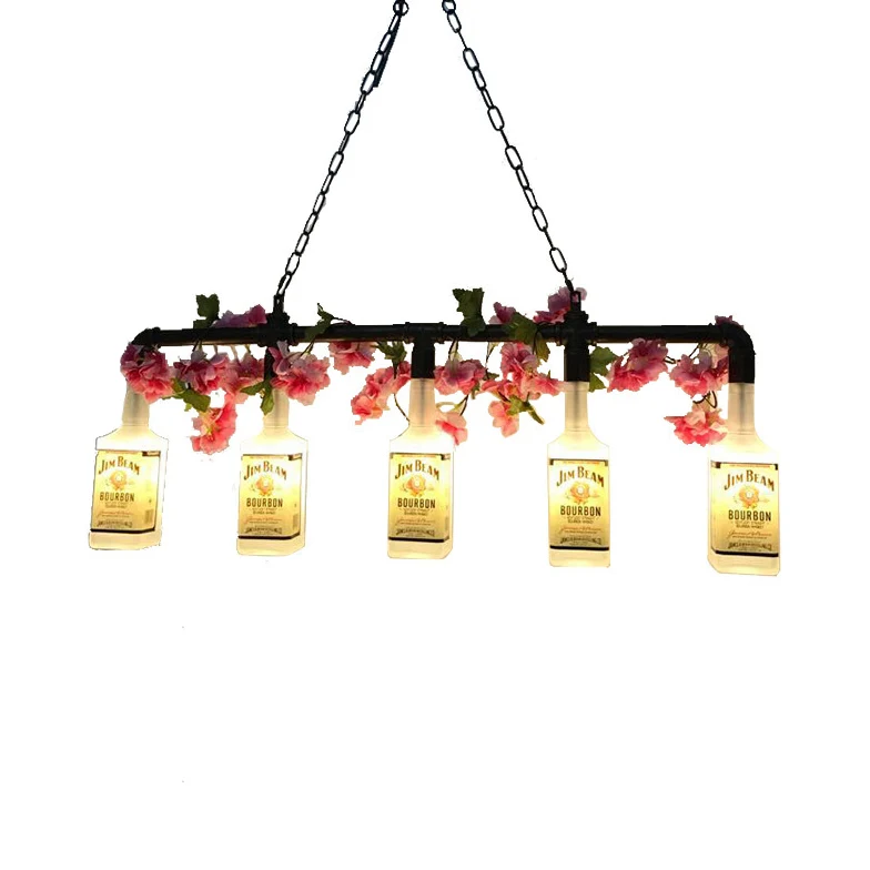 5-lichts metalen hangende hanglamp vintage stijl gele fles schaduw restaurant eilandverlichting met pijp Clearhalo
