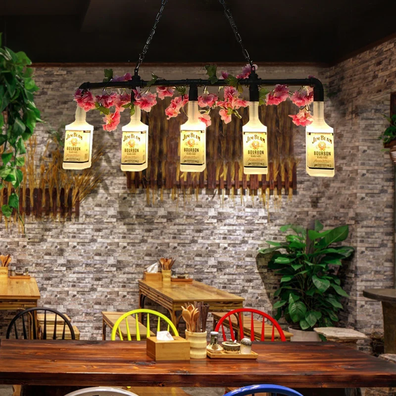5-lichts metalen hangende hanglamp vintage stijl gele fles schaduw restaurant eilandverlichting met pijp Clearhalo