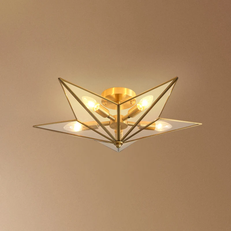 5-lichts schaduwrijke inbouwplafondlamp, vintage messing, amberglas, semi-inbouwverlichting voor woonkamer Clearhalo