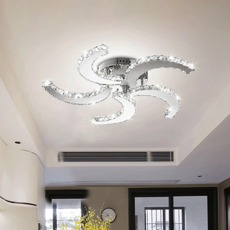 5-lichts semi-inbouwlamp eenvoudige windmolen kristal semi-inbouwmontage chroom voor slaapkamer, warm/wit/3 kleurenlicht C...