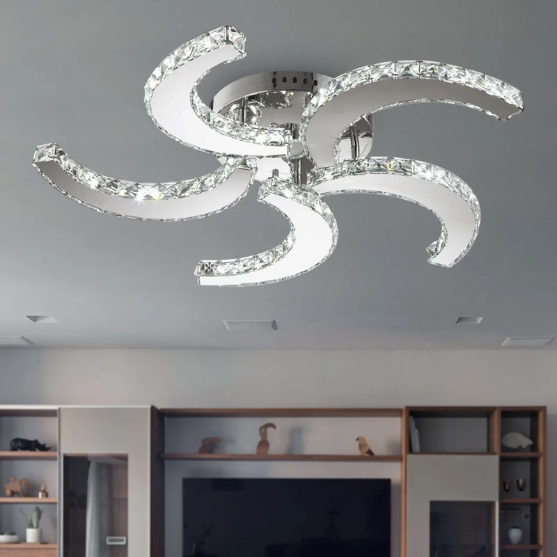 5-lichts semi-inbouwlamp eenvoudige windmolen kristal semi-inbouwmontage chroom voor slaapkamer, warm/wit/3 kleurenlicht C...