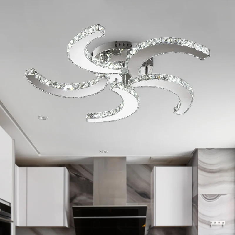 5-lichts semi-inbouwlamp eenvoudige windmolen kristal semi-inbouwmontage chroom voor slaapkamer, warm/wit/3 kleurenlicht C...