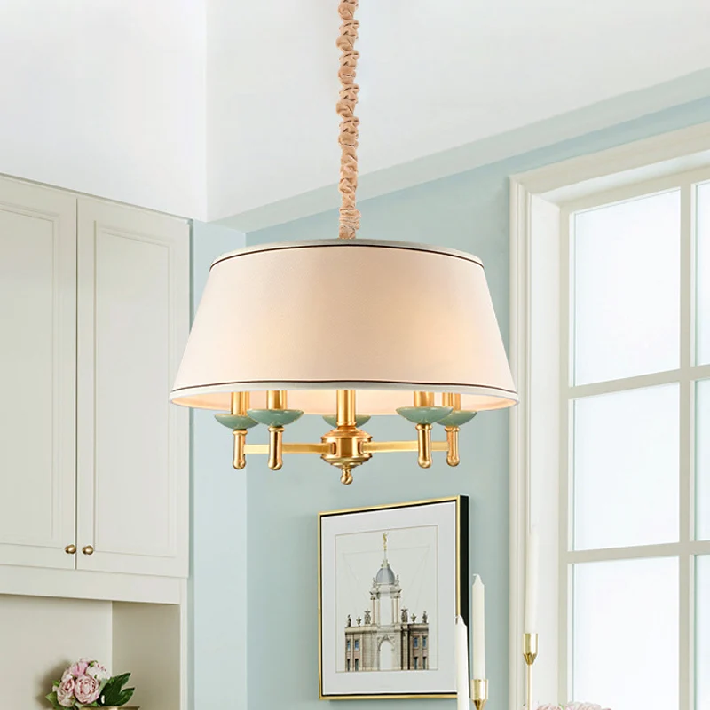 5-lichts stoffen kroonluchterlamp Klassiek wit trommelscherm Eetkamer hanglampset Clearhalo