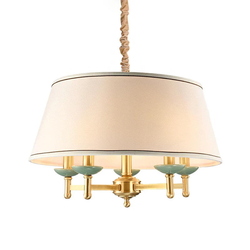 5-lichts stoffen kroonluchterlamp Klassiek wit trommelscherm Eetkamer hanglampset Clearhalo