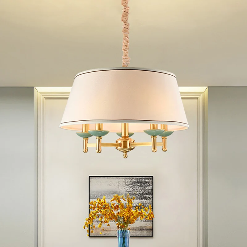 5-lichts stoffen kroonluchterlamp Klassiek wit trommelscherm Eetkamer hanglampset Clearhalo