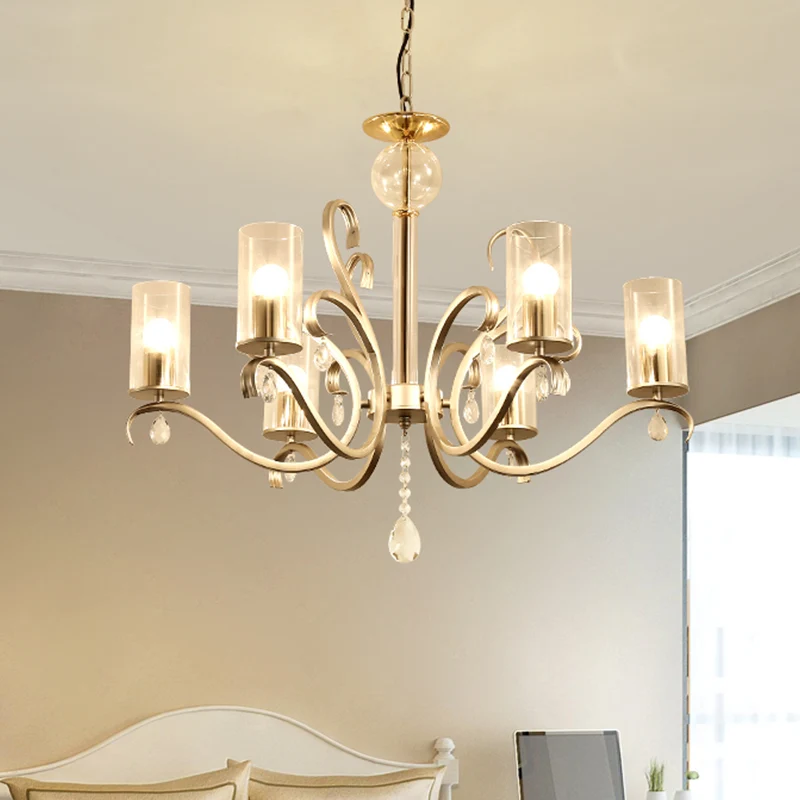 6/8-Head Tube Shade kroonluchterlamp antiek goud helder glas hangende plafondlamp met K9-kristalaccent Clearhalo