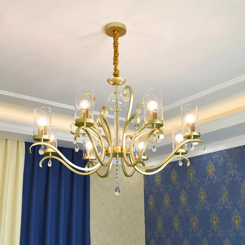 6/8-Head Tube Shade kroonluchterlamp antiek goud helder glas hangende plafondlamp met K9-kristalaccent Clearhalo