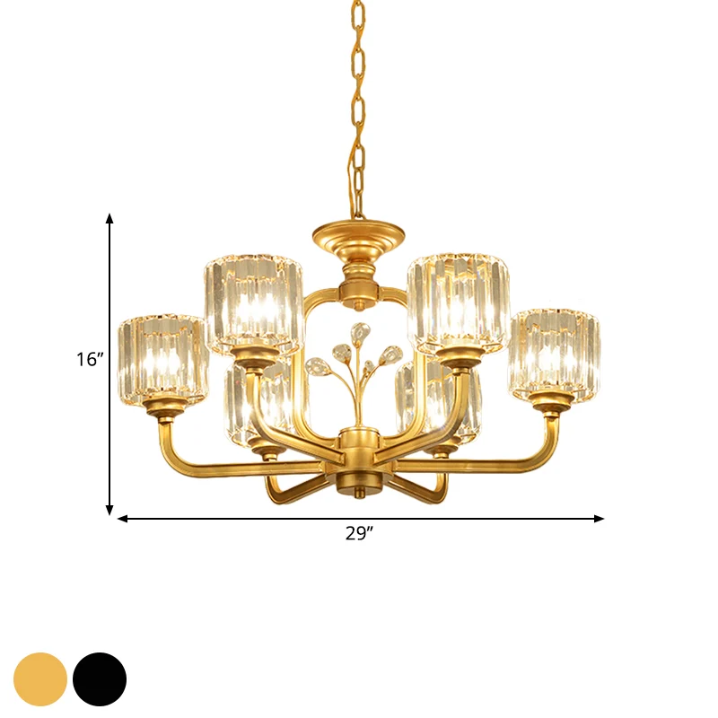6/8-lamps woonkamer kroonluchter eenvoudige zwart/gouden ophangverlichting met cilindrische kristallen prisma's schaduw Cl...