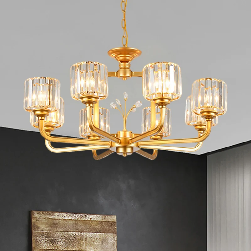 6/8-lamps woonkamer kroonluchter eenvoudige zwart/gouden ophangverlichting met cilindrische kristallen prisma's schaduw Cl...