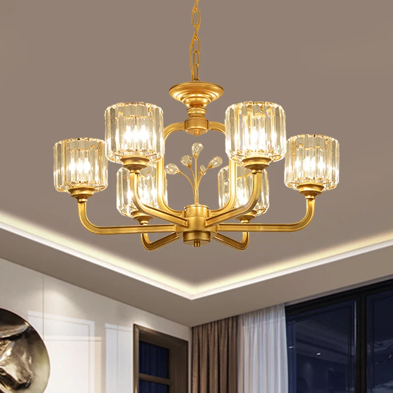 6/8-lamps woonkamer kroonluchter eenvoudige zwart/gouden ophangverlichting met cilindrische kristallen prisma's schaduw Cl...