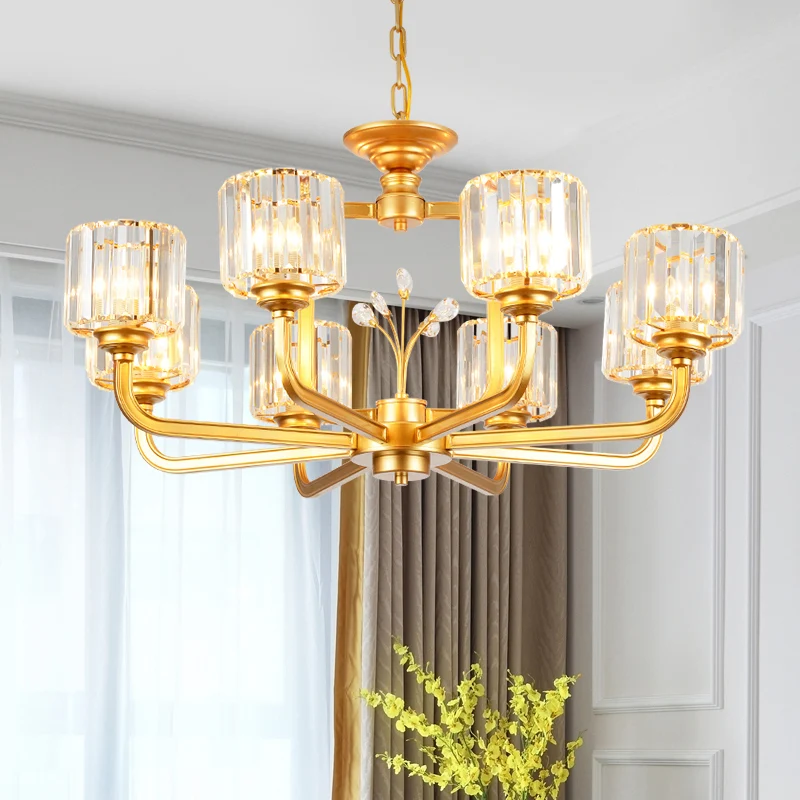 6/8-lamps woonkamer kroonluchter eenvoudige zwart/gouden ophangverlichting met cilindrische kristallen prisma's schaduw Cl...