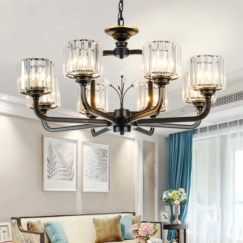 6/8-lamps woonkamer kroonluchter eenvoudige zwart/gouden ophangverlichting met cilindrische kristallen prisma's schaduw Cl...