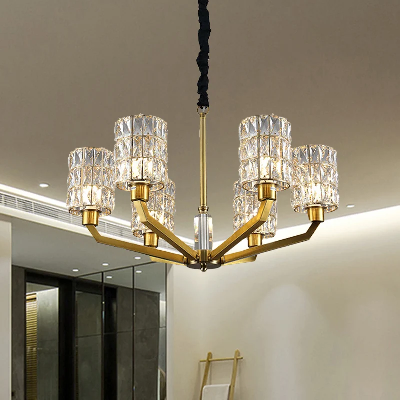 6-hoofds slaapkamer hangende kroonluchter modernisme gouden hangende lamp met cilindervormige kristallen kap Clearhalo