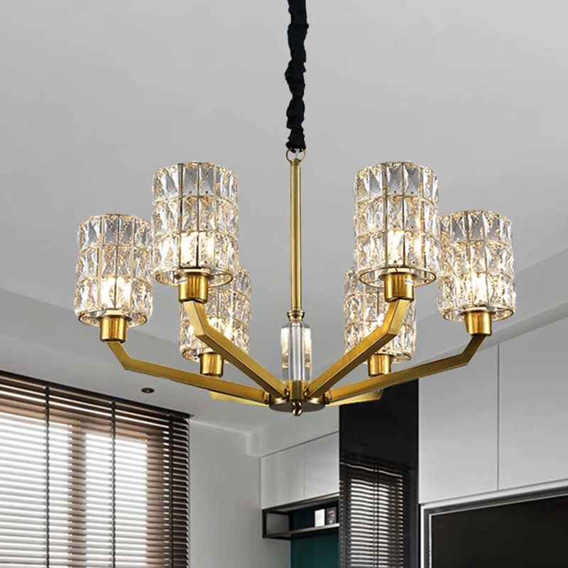 6-hoofds slaapkamer hangende kroonluchter modernisme gouden hangende lamp met cilindervormige kristallen kap Clearhalo