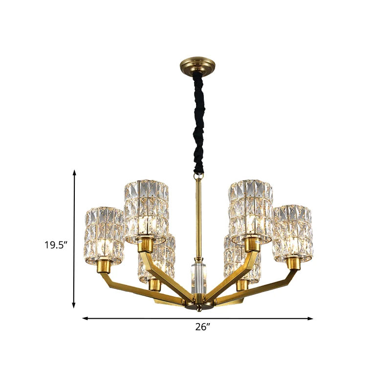 6-hoofds slaapkamer hangende kroonluchter modernisme gouden hangende lamp met cilindervormige kristallen kap Clearhalo