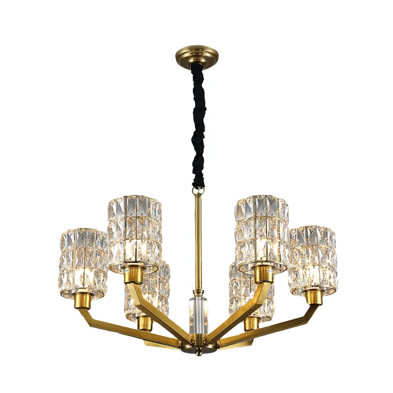 6-hoofds slaapkamer hangende kroonluchter modernisme gouden hangende lamp met cilindervormige kristallen kap Clearhalo