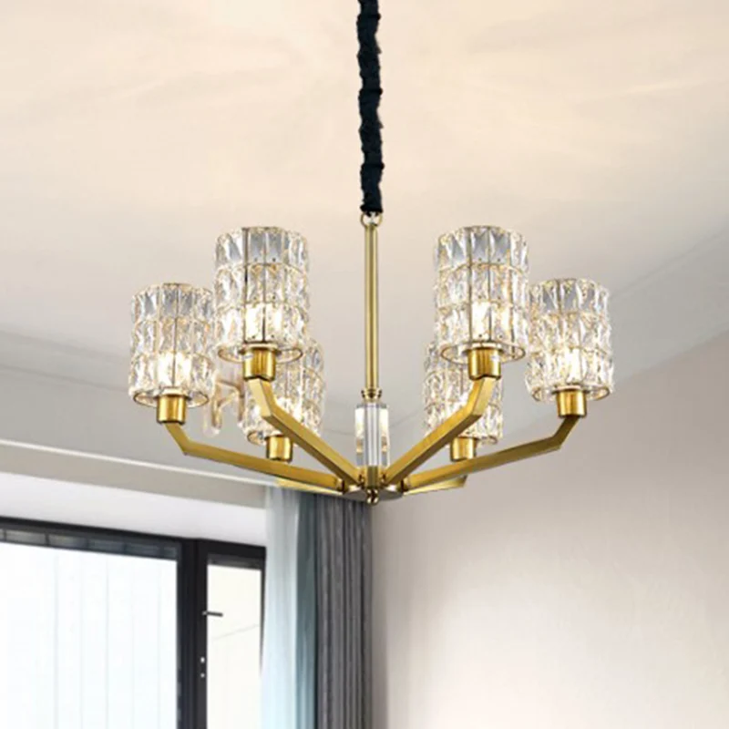 6-hoofds slaapkamer hangende kroonluchter modernisme gouden hangende lamp met cilindervormige kristallen kap Clearhalo