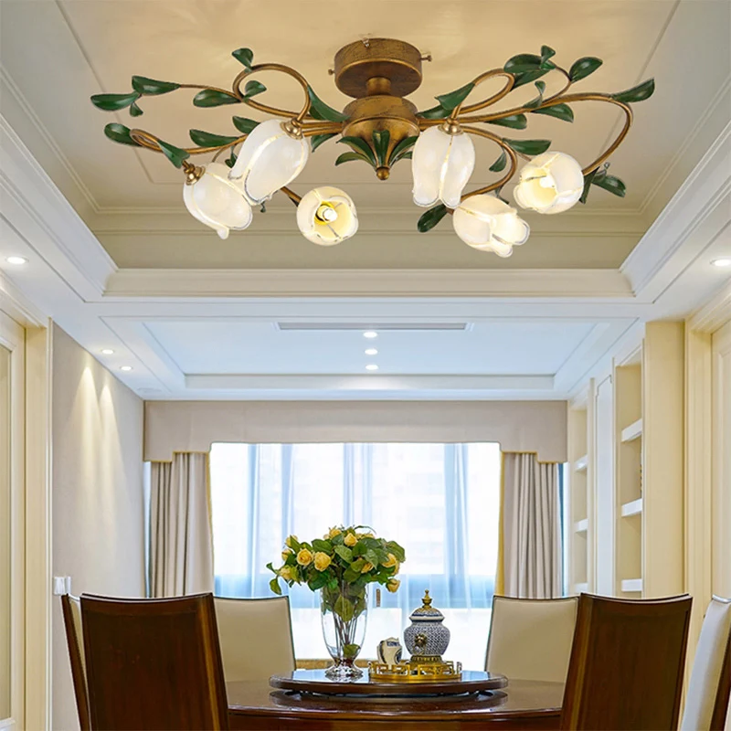 6-koppige granaatappelbloem inbouw pastorale glazen semi-inbouw plafondlamp voor eetkamer Clearhalo