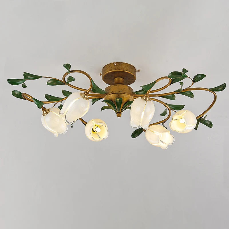 6-koppige granaatappelbloem inbouw pastorale glazen semi-inbouw plafondlamp voor eetkamer Clearhalo