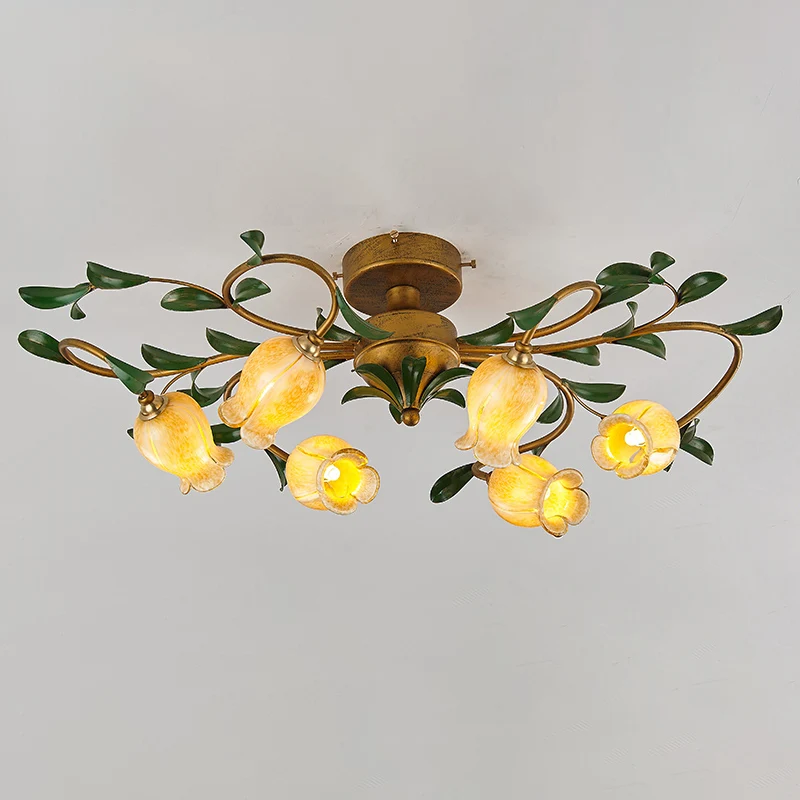 6-koppige granaatappelbloem inbouw pastorale glazen semi-inbouw plafondlamp voor eetkamer Clearhalo