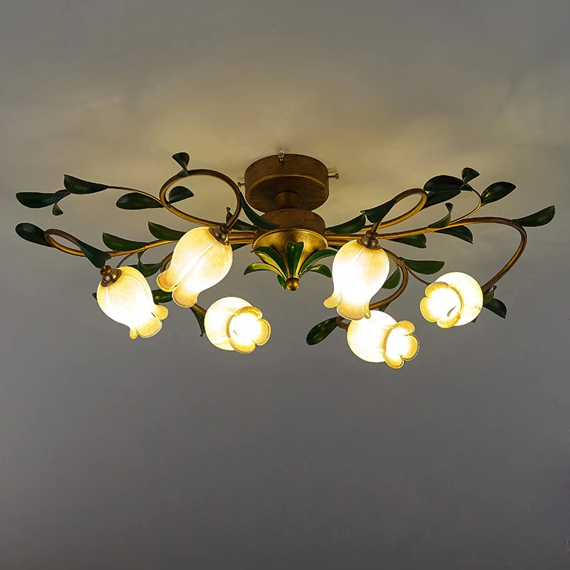 6-koppige granaatappelbloem inbouw pastorale glazen semi-inbouw plafondlamp voor eetkamer Clearhalo