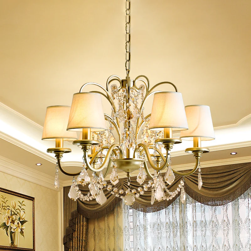 6-kops hanglamp met taps toelopende kristallen standaards Traditionele eetkamerkroonluchter goud Clearhalo